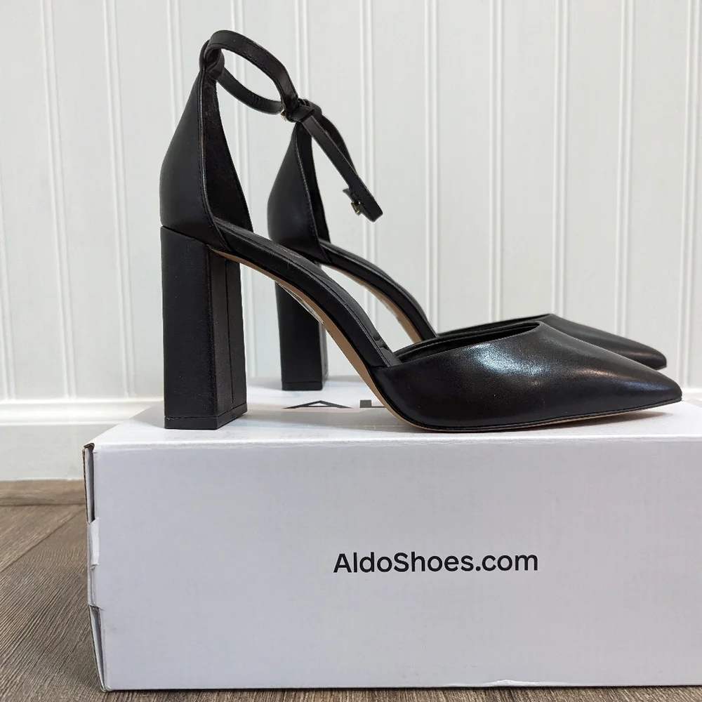 Aldo Size 8 Black Leather Block Heels Pumps Ankle Strap Padded Insole - Picture 6 of 7